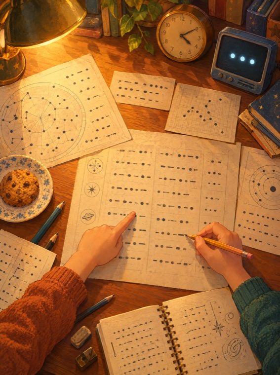 Hands decoding a pattern of dots and dashes on a desk