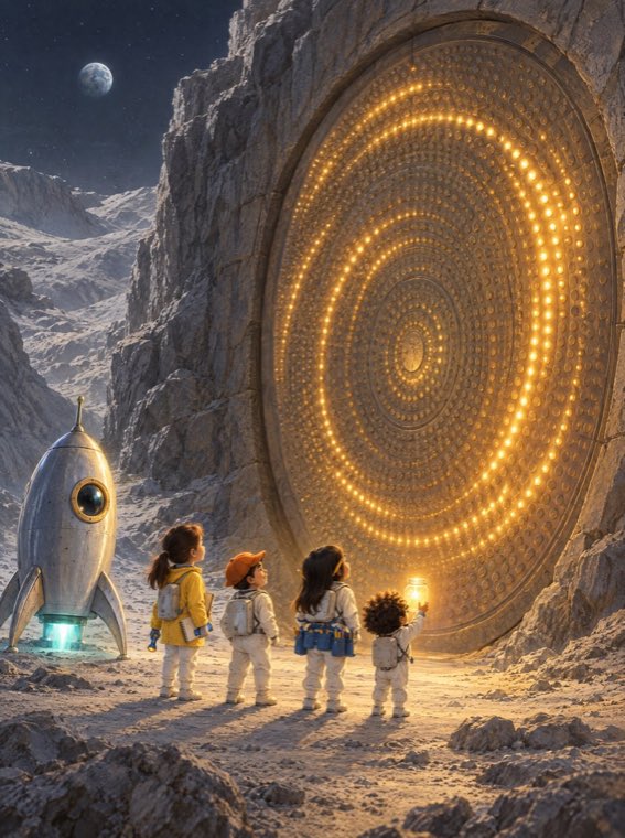 Four tiny children standing before a giant door of lights on the Moon