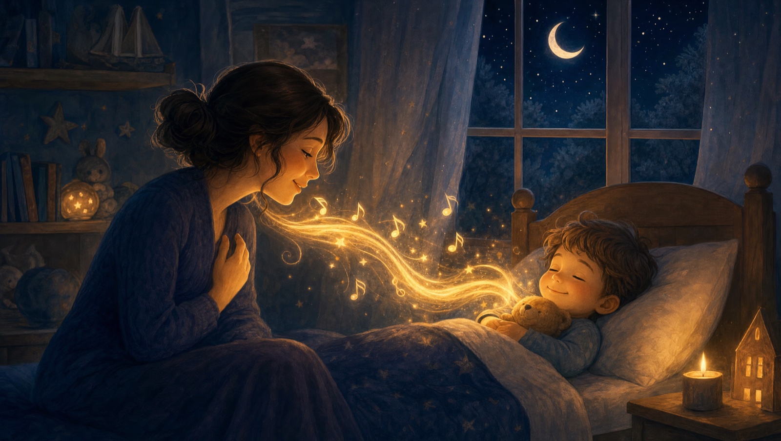 A child listening to a bedtime story in a parent's own voice