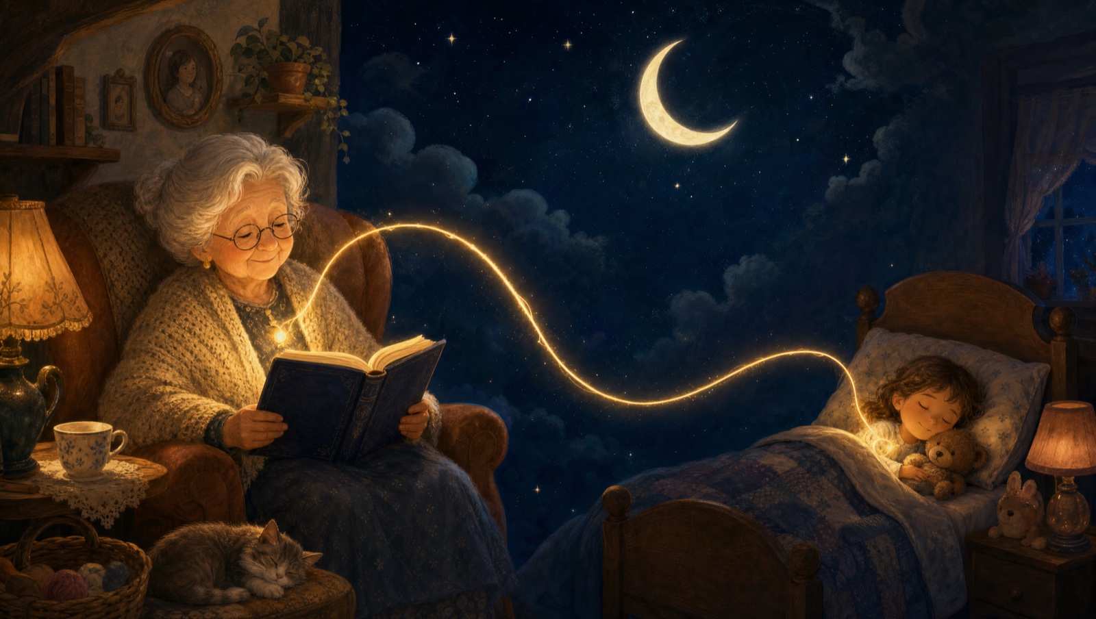 A grandmother reading a bedtime story to her grandchild