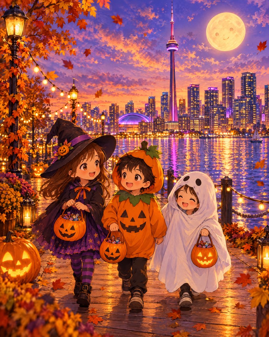 Illustrated Halloween night over the Toronto skyline with the CN Tower lit up