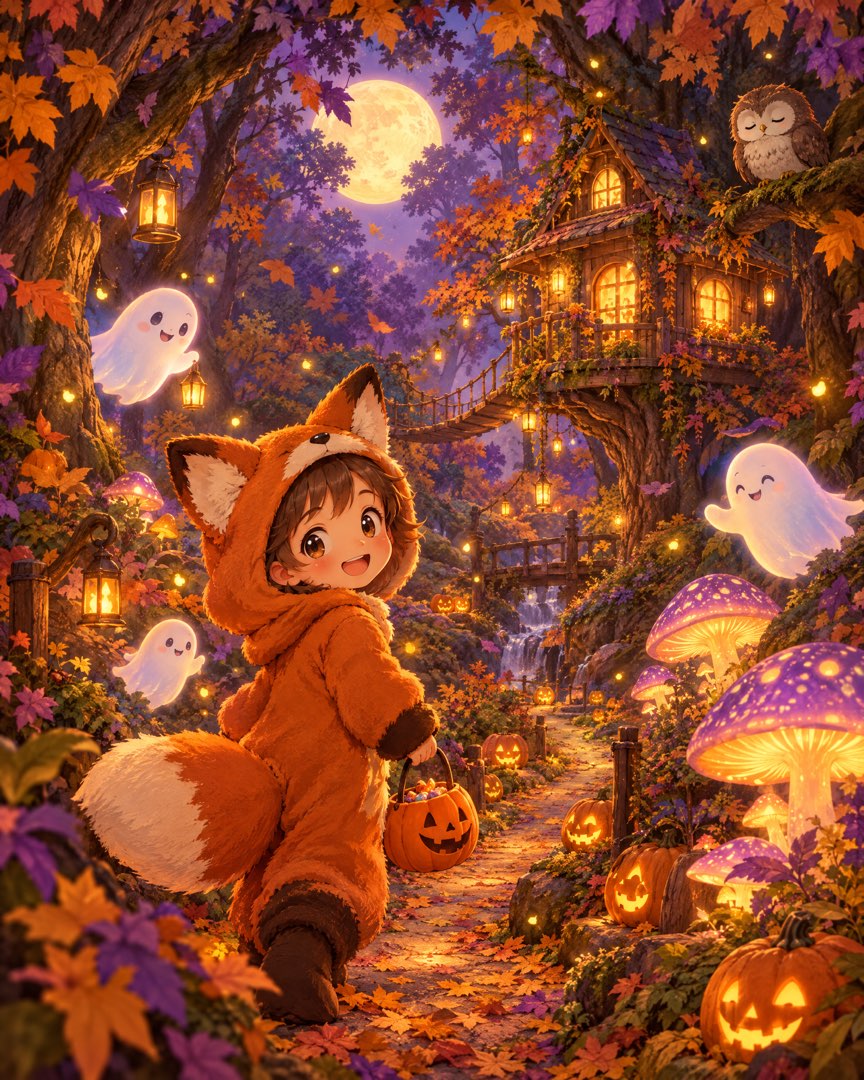 Illustrated forest scene with an owl and trees