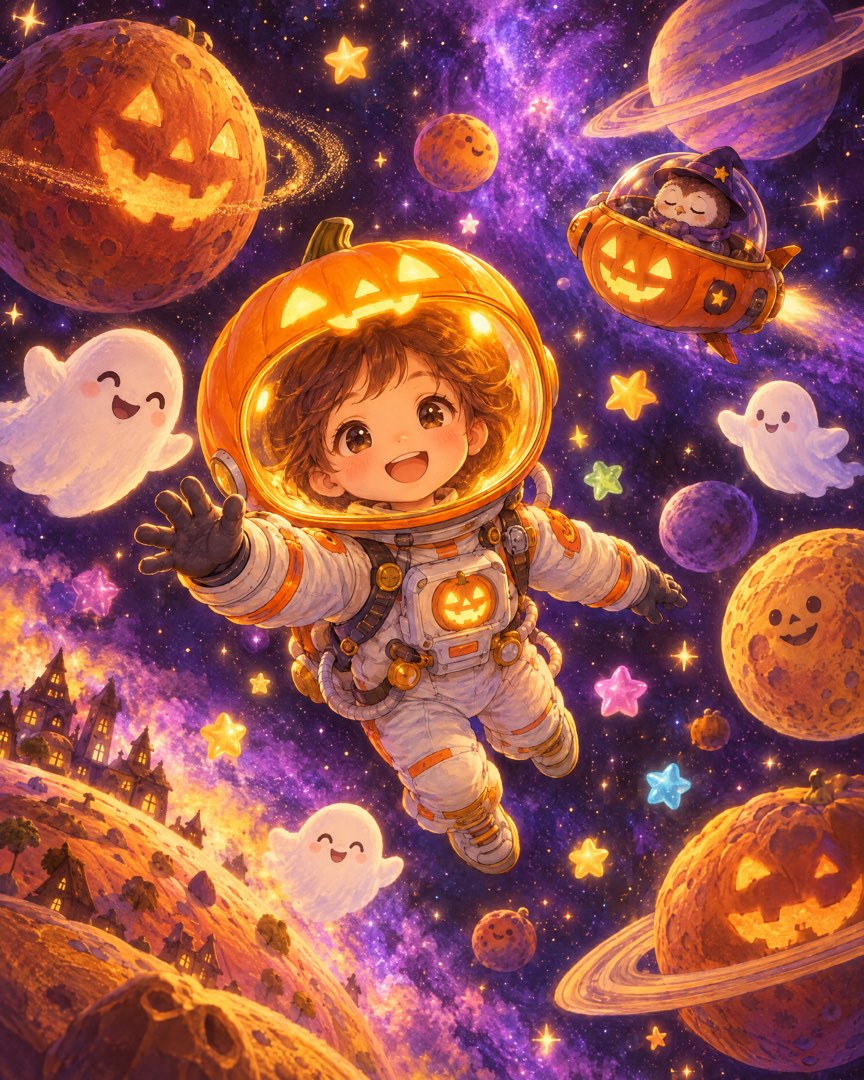 Illustrated space scene with moon, stars and a comet