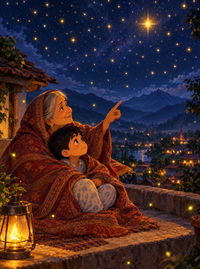 Cover of Chhota Deepu aur Chamakta Taara, a child and his grandmother under a sky of stars