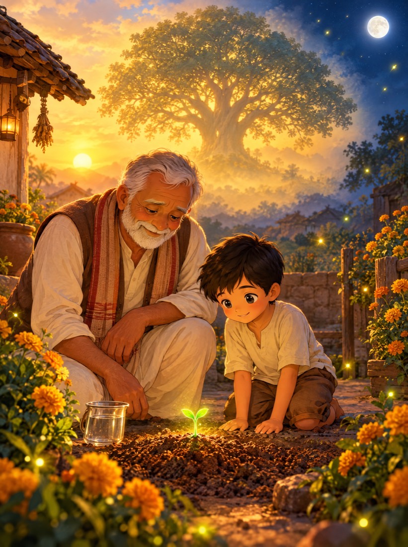 Cover of Chhota Beej aur Bada Ped, a boy planting a small seed in the courtyard