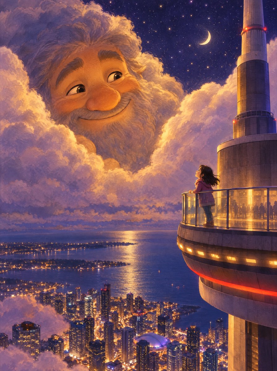 Illustrated cover of a friendly giant beside the CN Tower in Toronto