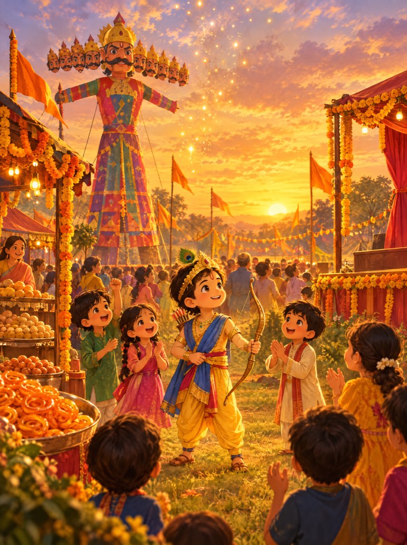 Dussehra festival illustration with lights