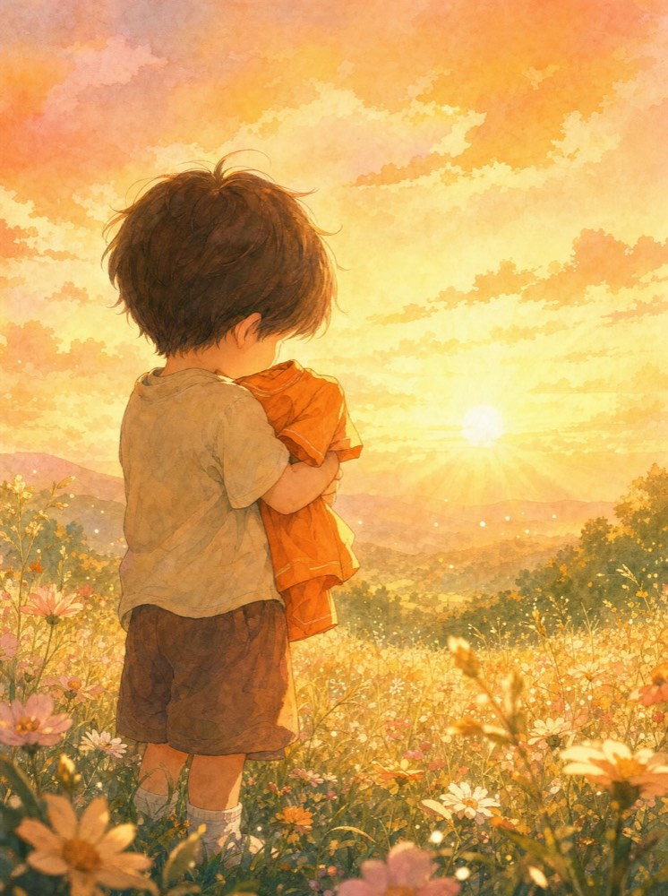 A young Indigenous girl in a bright orange shirt under a warm, starlit sky — illustration for the bedtime story The Orange Shirt and the Brave Heart of Phyllis