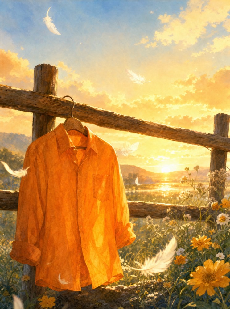 A gentle illustration of hands holding a folded orange shirt beneath a quiet night sky, honouring the memory behind Orange Shirt Day