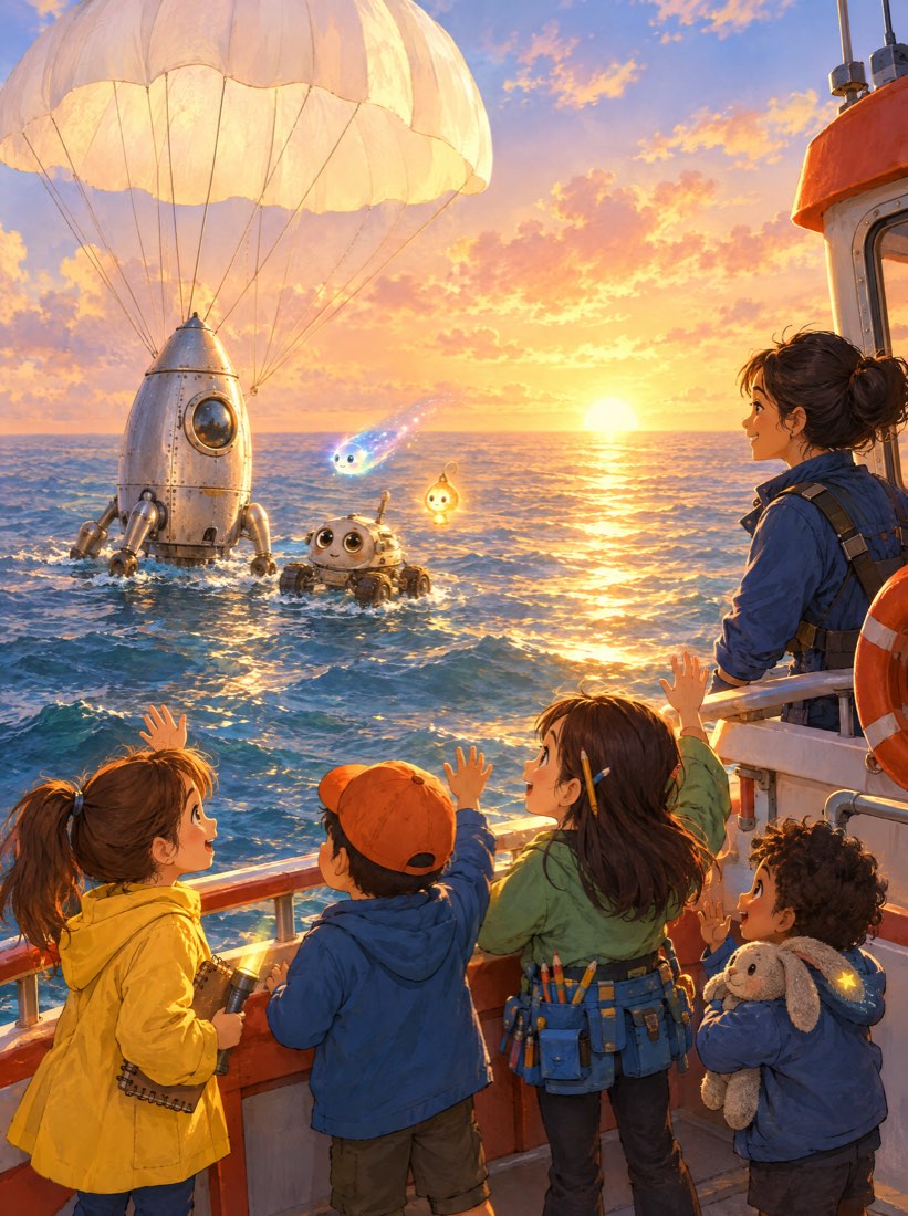 Illustrated cover of a rocket splashdown at sea