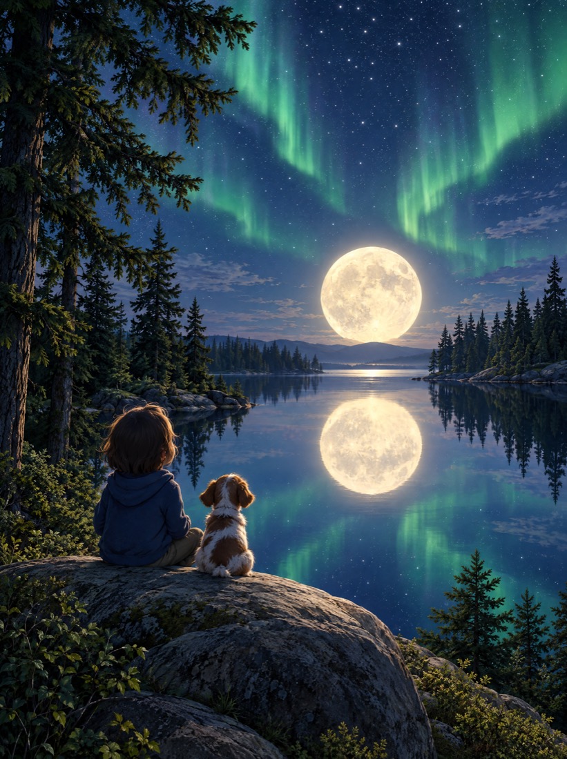 Illustrated bedtime story cover of a grandmother and the moon over a quiet night landscape